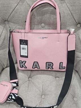 Karl Lagerfeld Pink Shoulder Tote with Black Strap and KARL Logo